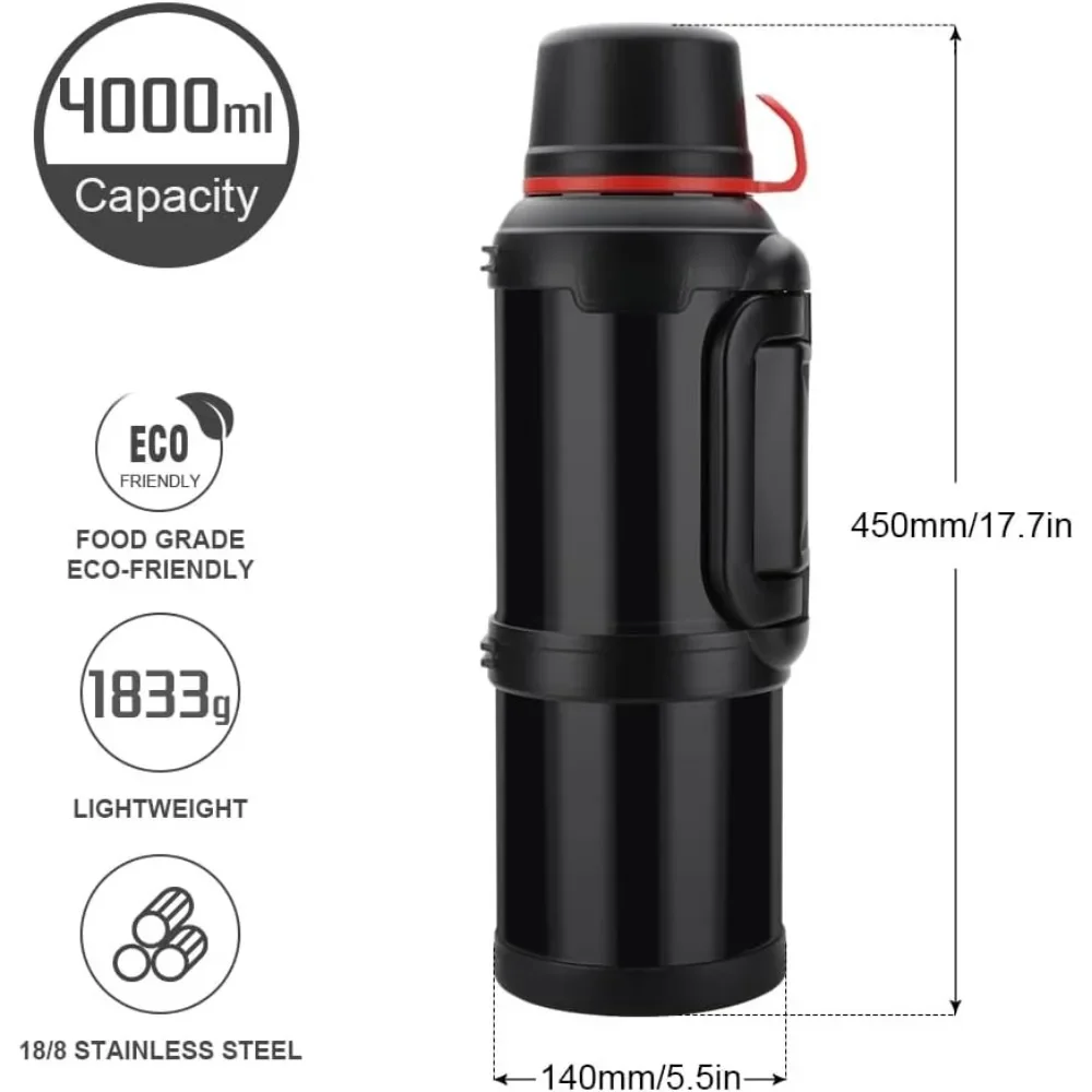 Vacuum Thermos Flask, 133oz/4L Travel Jug Stainless steel jug with handle, rust resistant, for hiking and fishing