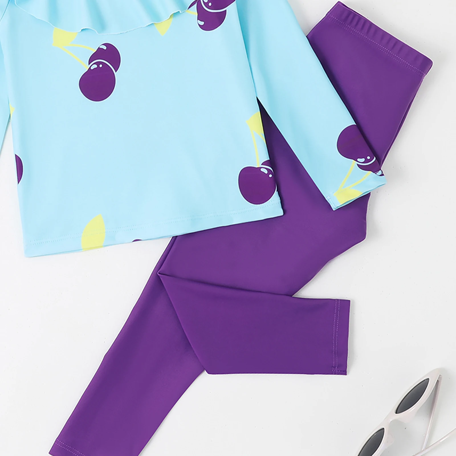 Kids Girls Swimsuit Swim Sets Long Sleeve Ruffle Top With Pants Cute Flounce Swimwear Bathing Suits Beach Rash Guard Set 2Pcs