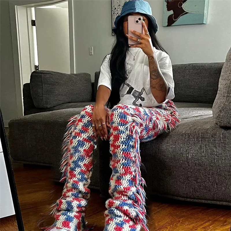 Fashion Knitted Patchwork Tassel Long Pants Casual Streetwear High Waist Ribbed Trousers Women Clothes High Street Capris 2023