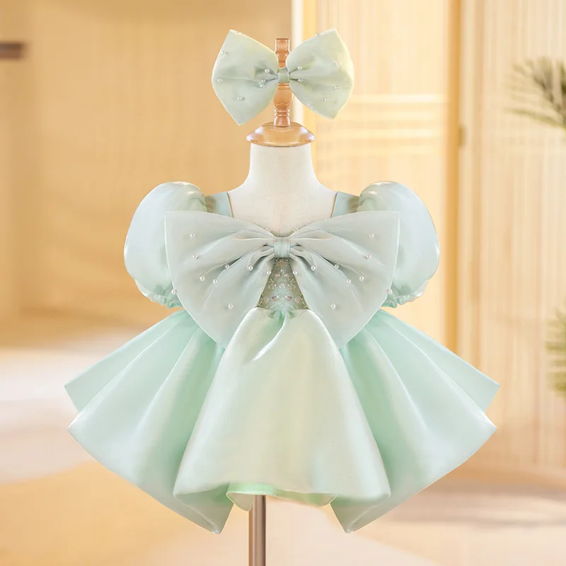 

Baby Girls Princess Dress Flower Wedding Birthday Party Clothing Kids Dresses Chic Pearls Puff Sleeve Costume With Bow Prom Gown