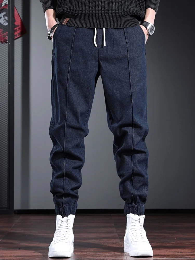 Autumn Blue Baggy Jeans Men Casual Elastic Waist Pencil Pants Streetwear Loose Drawstring Jogging Solid Denim Trousers