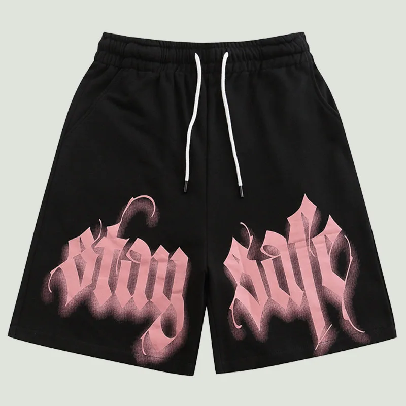 

High Street Sweatshorts Mens Harajuku Letter Printed Straight Shorts Summer Casual Loose Drawstring Elastic Waist Shorts Male