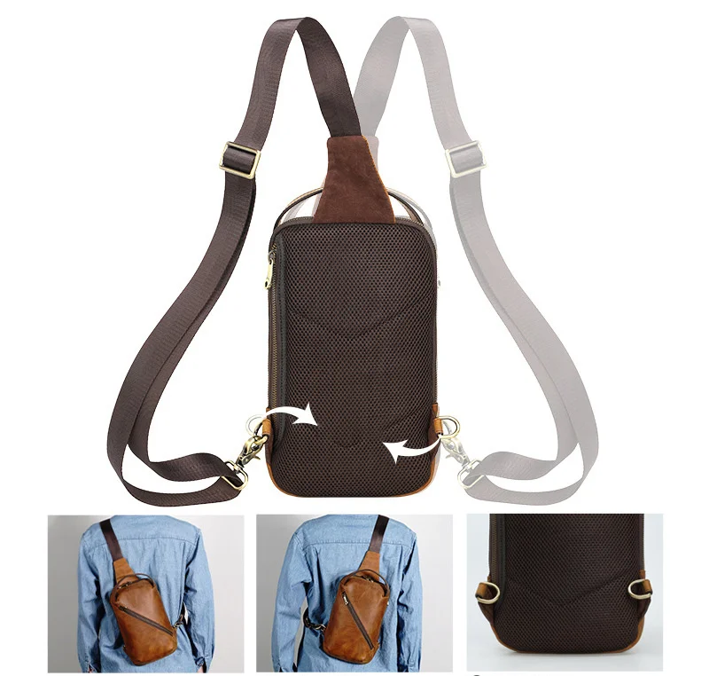 Newsbirds Vintage Fashion Leather Chest Bag Real Cowhide Chest Pack Real Cowhide Crossbody Bags Sling Bags Outdoor Men Bag