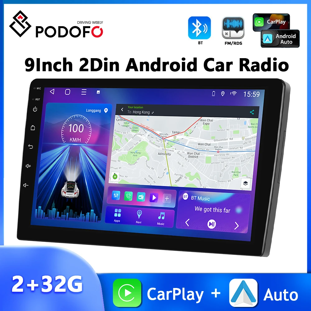 

Podofo 2+32G 2Din Car Radio 9'' Multimedia Player Carplay Android Auto GPS Navigation WIFI&4G AI Voice DSP Dual USB Autoradio