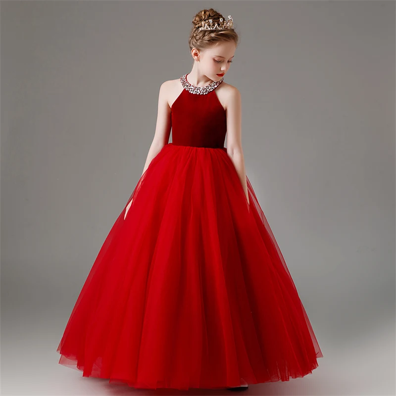YZYmanualroom Girls red halter net pommel dress Junior Bridesmaid dress Wedding Girls Communion dress/customizable