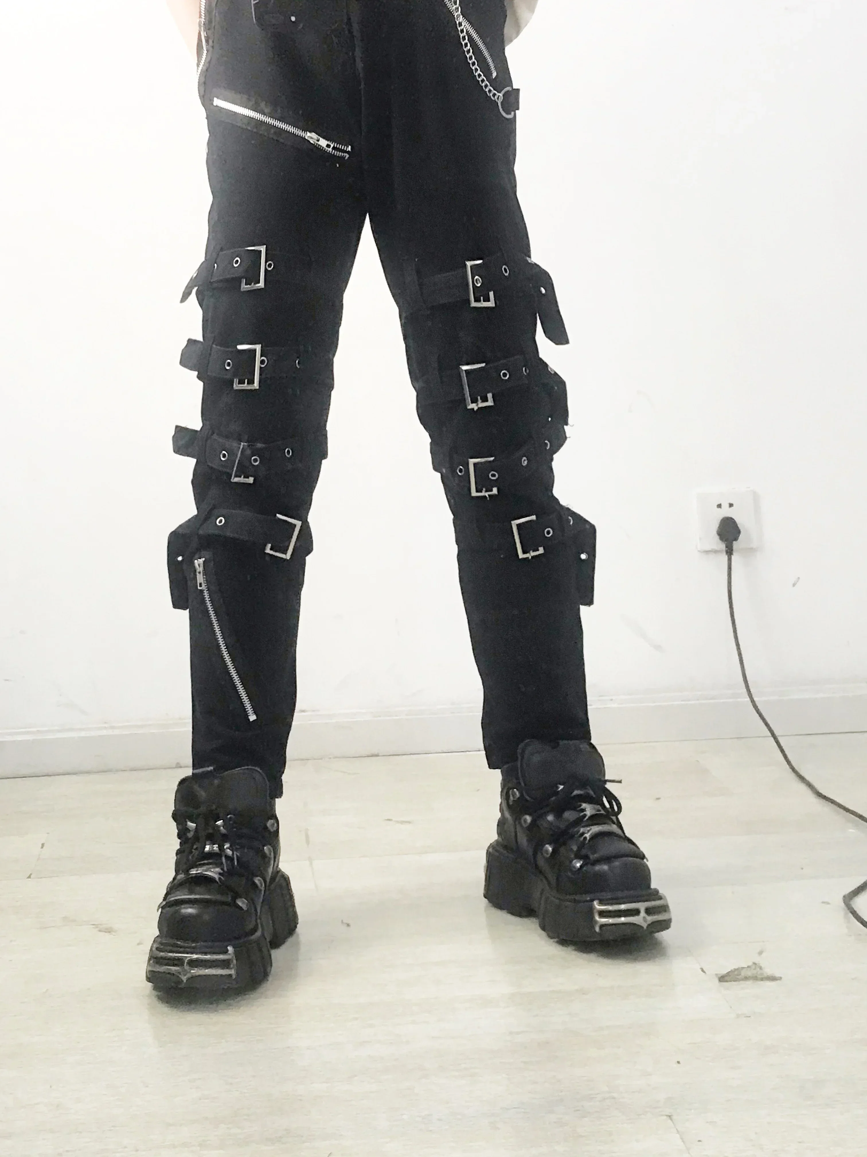 Classic MJ Michael Jackson BAD Punk Black Silm Fit Rivet Strap Pants Show Rock Trousers Cosplay Costume Performance Halloween H4