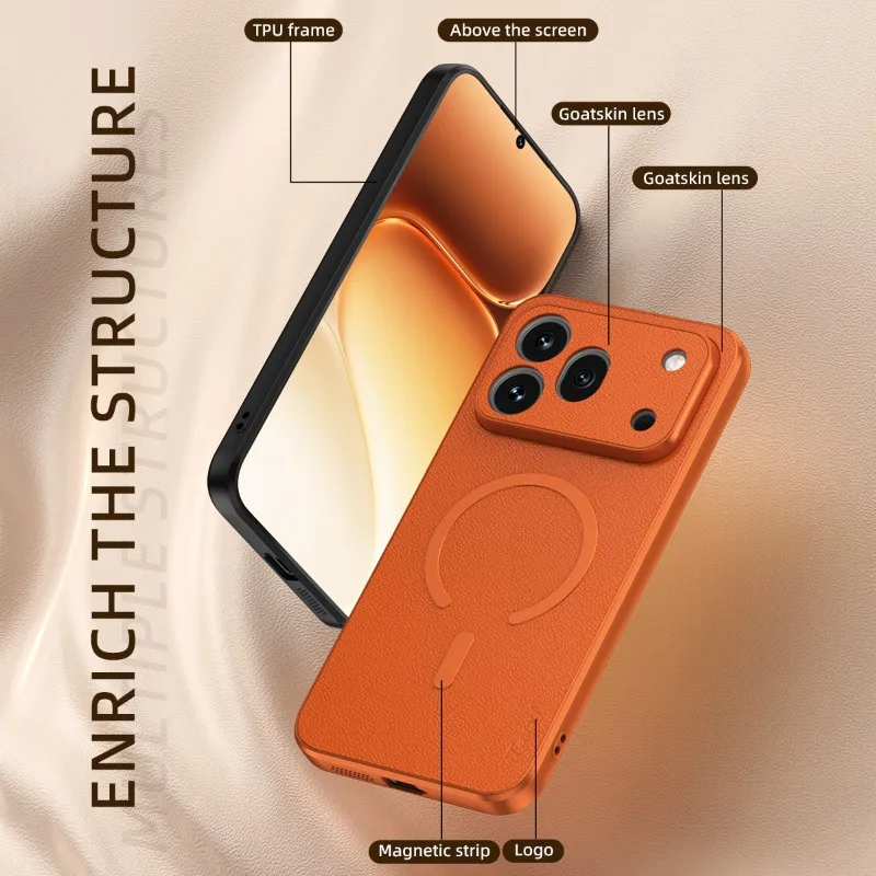 Premium PU Leather Magnetic Wireless Charging Shockproof Phone Case with Lens Protection