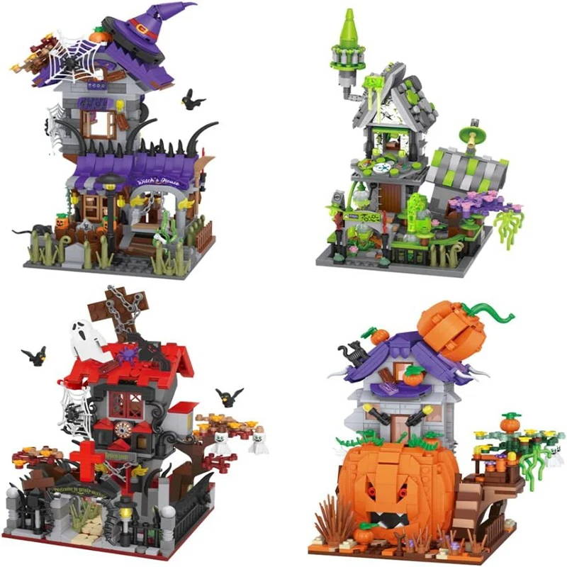 

Mini Halloween Cottage House Building Block Set Decoration Carriage Bricks Assembly Toys For Children Halloween Gifts
