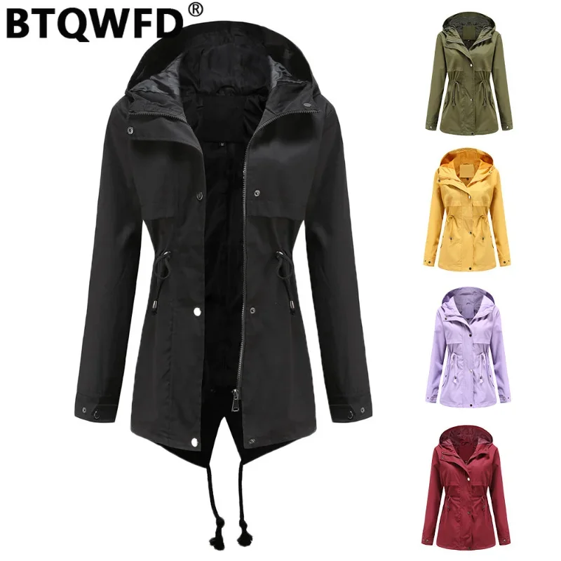 BTQWFD Winter Trench Jackets Women's Coats Female Clothing 2024 Overcoat Ladies Raincoats Long Sleeve with Pocket Windbreaker