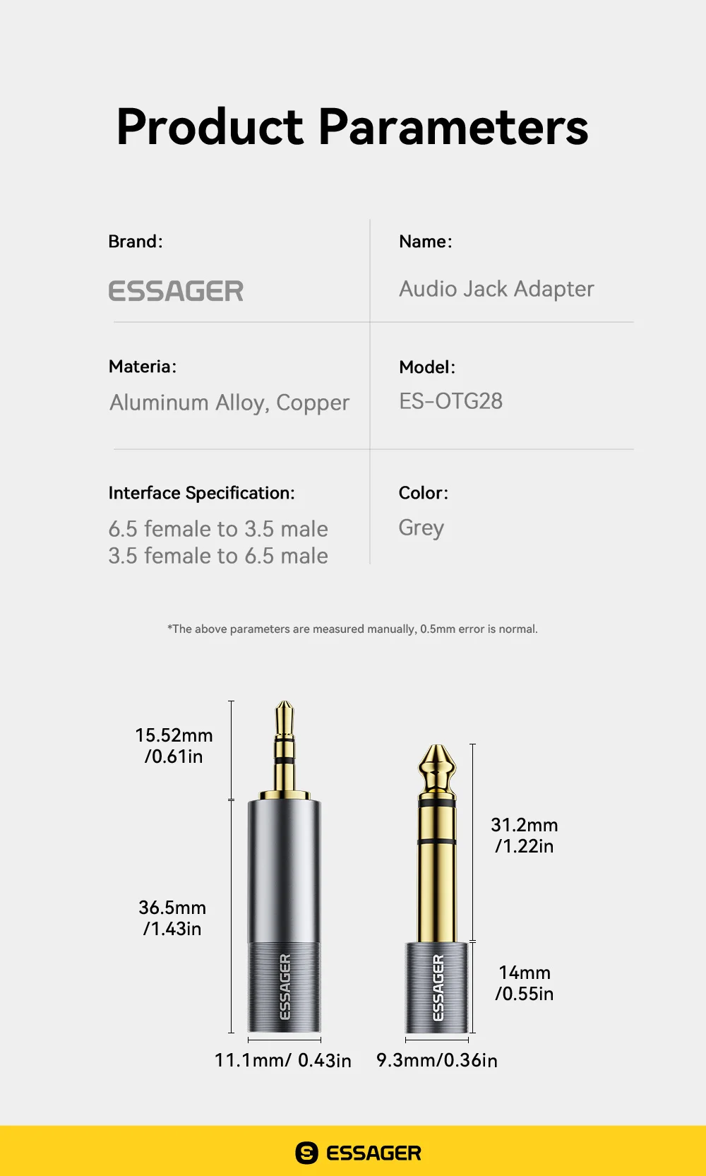 3.5mm To 6.5mm Audio Jack Adapter For Phone PC Earphones Speaker Sound Card Guit