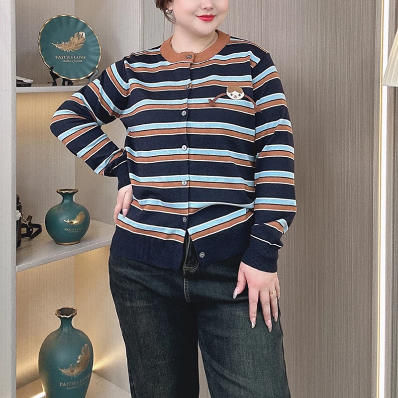 Women Plus Size Jumpers Autumn Winter Striped Knit Cardigan Loose Casual Embroidered Long Sleeve Sweater 4076