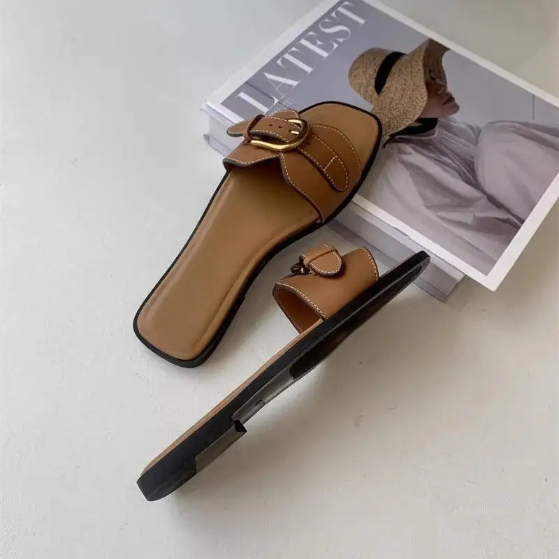 Women sandals Black Flat Slingback Summer Straps Round Toe Metal Buckle