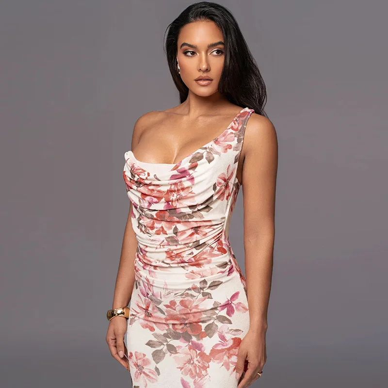 Vestido midi sexy con estampado de un solo hombro para mujer, vestido largo ajustado sin mangas con espalda descubierta y hombros descubiertos para fiesta y club.