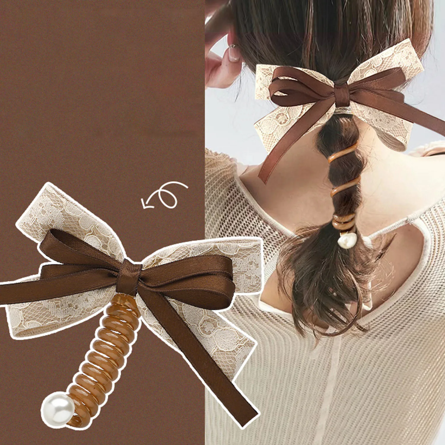 

Ribbon Bow Elastic Headband Telephone Cord Scrunchies Hair Rope Women Girls Rubber Bands Ponytail Holder Spiral Braided Wire Tie