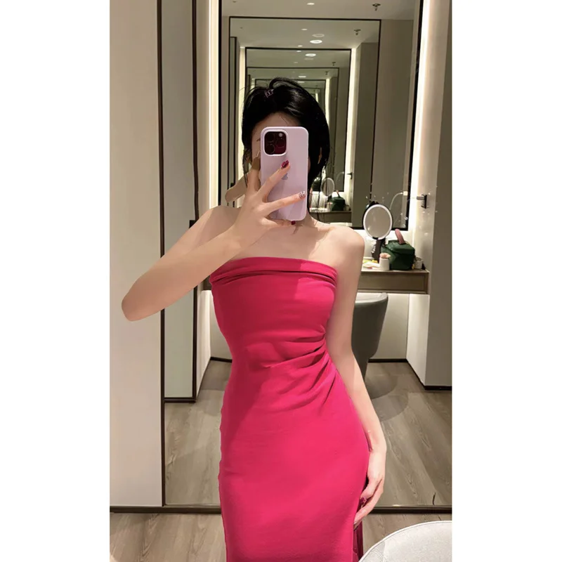 

Summer New Sanya Beach Resort Dopamine Sweet French Kikyo Rose Red Bra Dress