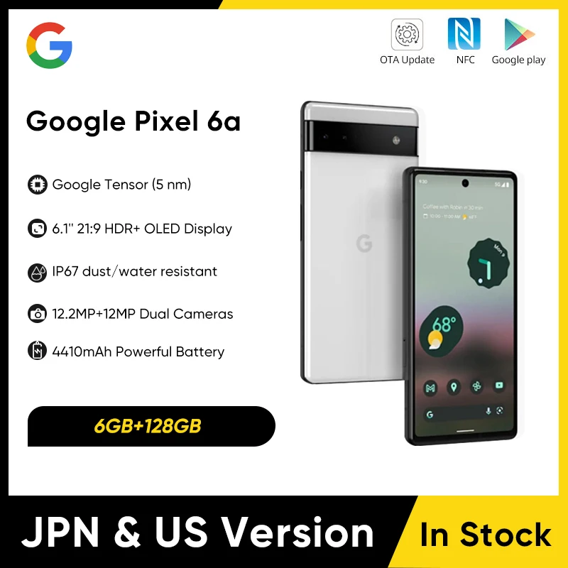 

Original Google Pixel 6A 5G Smartphone 6GB+128GB 6.1'' FHD+ Mobile Phone 12MP Camera Octa Core IP67 Waterproof Cell Phone NFC