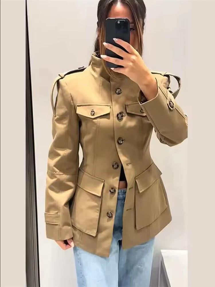 Vintage Women's Khaki Stand Collar Jackets Slim Waist Single Breasted Pockets Full Sleeve Coats 2025 Autumn Lady Commute Outwear