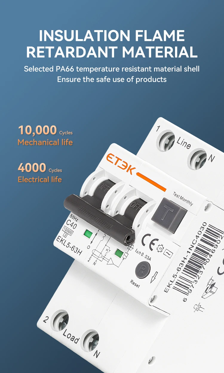 ETEK Type AC RCBO Residual Automatic Circuit Breaker 10KA 2P 4P 16A 25A 40A 63A