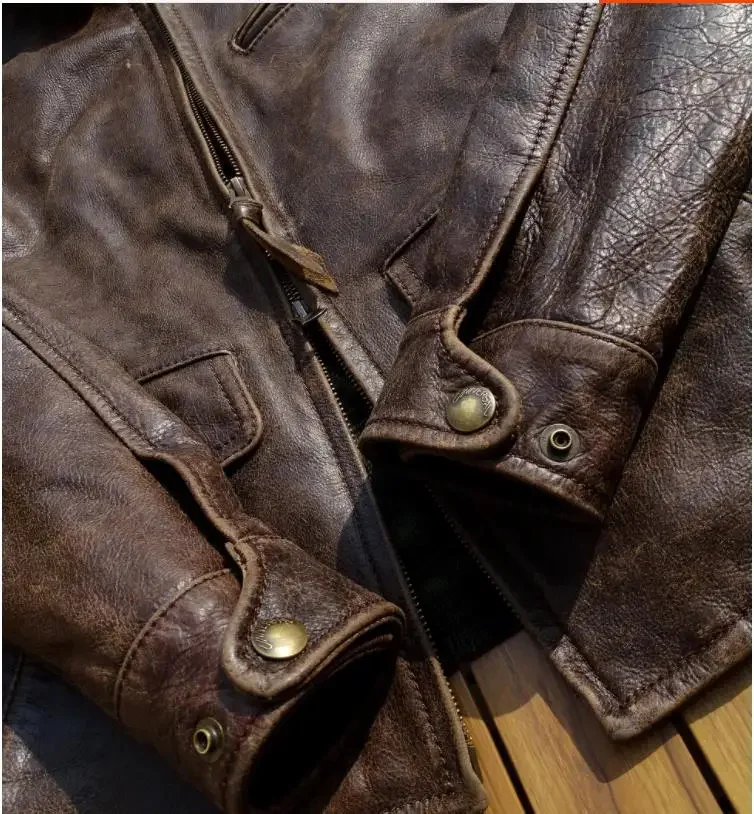 Description Picture 6 of itemFree shipping.Men Frosted tea core cowhide coat.collect Vintage brown real leather outwear.slim soft fitness jacket