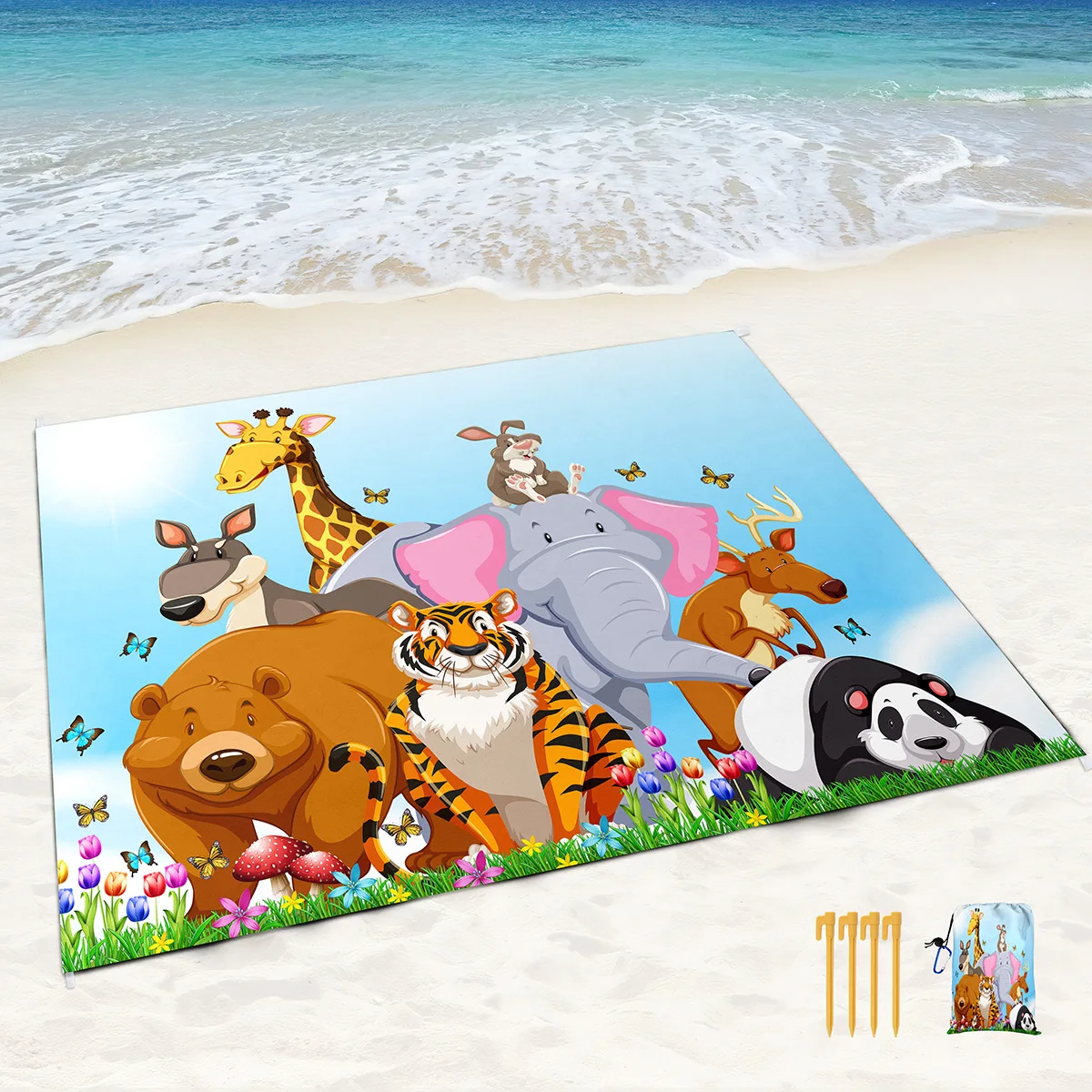 

Beach Mat Picnic Blanket Sandproof Cartoon Zoo Polyester Lightweight Outdoor Portable Waterproof Mat for Travel Camping Vacation