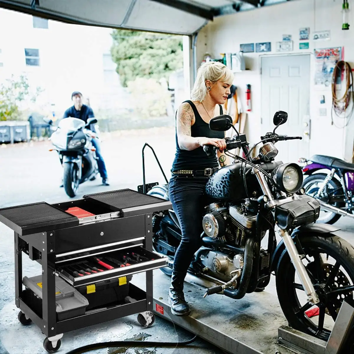 Tool Cart, 4-Tier Rolling Tool Box Cabinet on Wheels with Lockable Drawers & Sliding Top, Heavy Duty Steel Tool Storage O 3