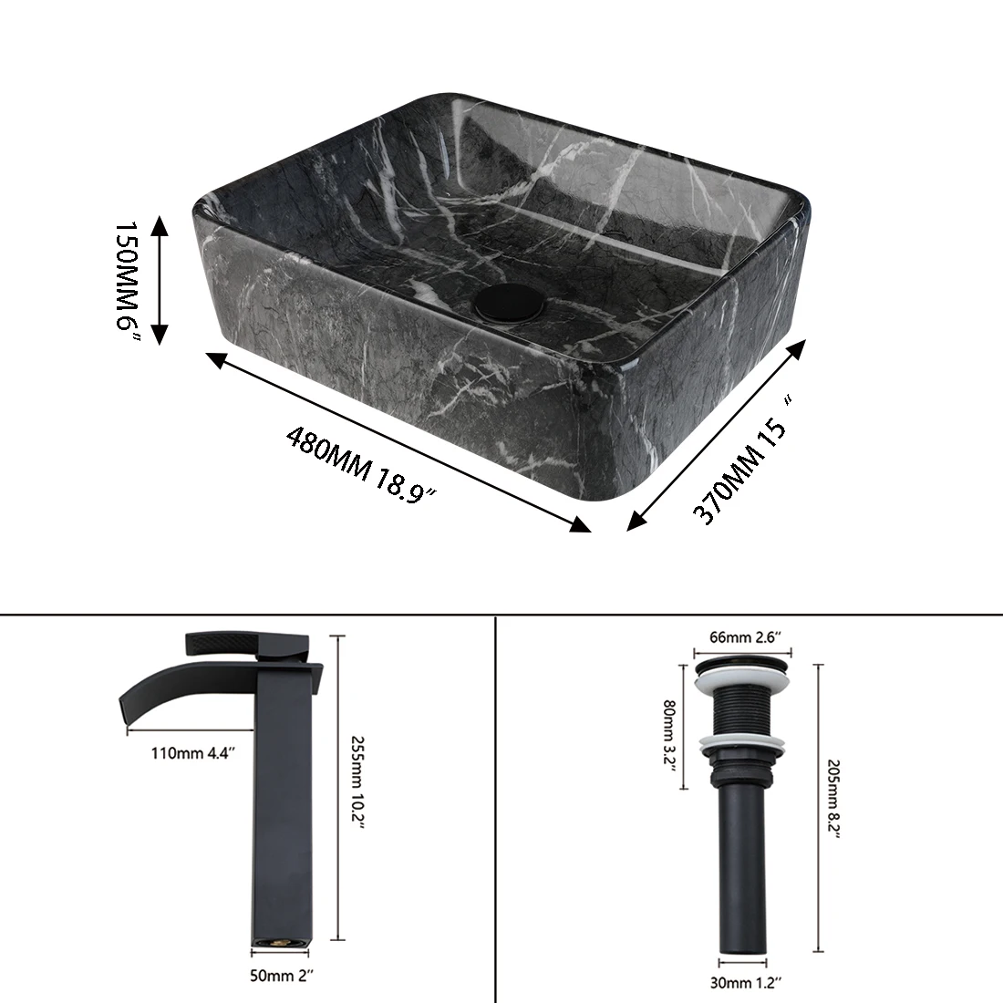 ZAPPO Black Bathroom Vessel Sink With Faucet and Drain, 19"x15"x6" Rectangular Vessel Sink Black Marble Bowl Sinks for Bathroom