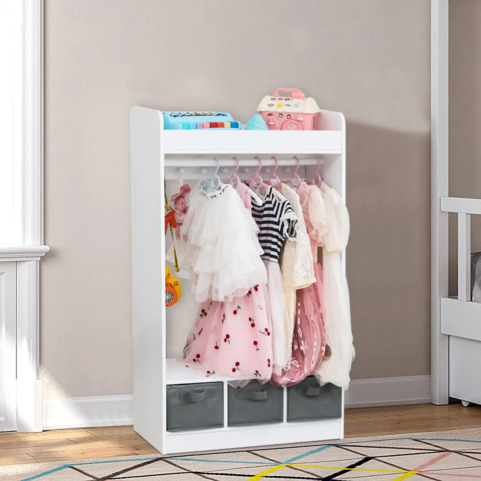 Kids Costume Organizer、 Costume Rack、Kids Armoire、Open Hanging Armoire Closet with Mirror-WHITE 3