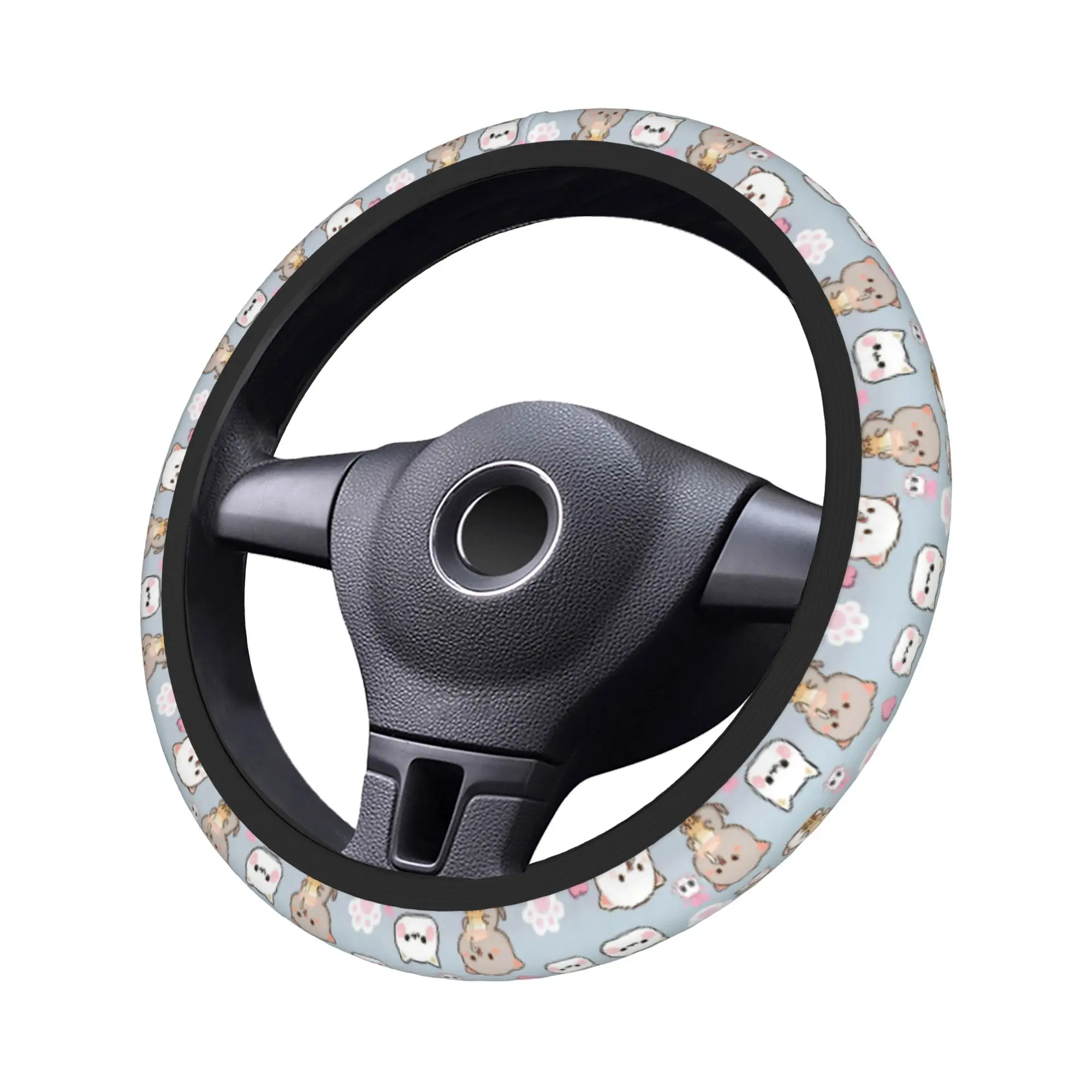 Pink Love Peach & Cartoon Cat Steering Wheel Cover - Auto Car Accessory