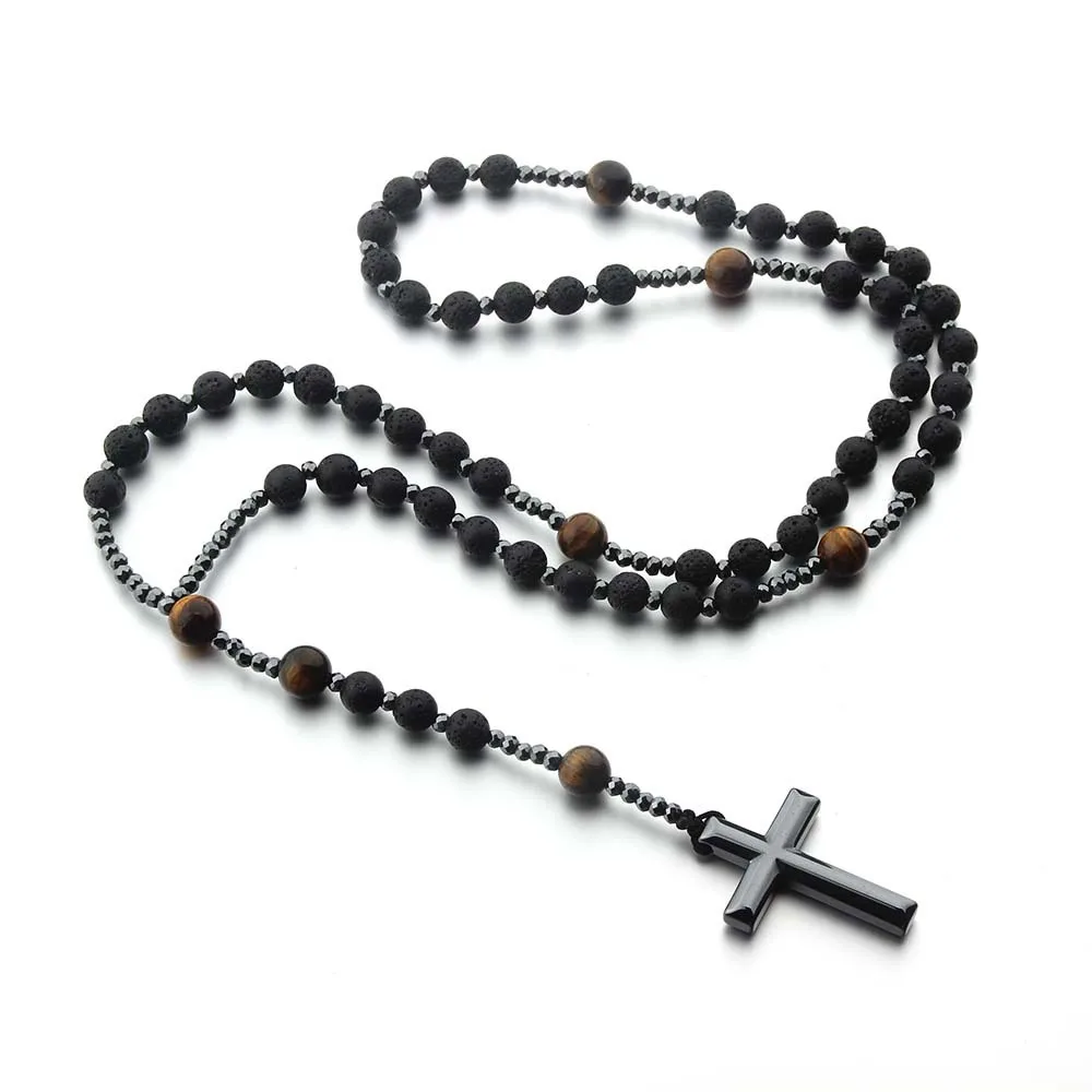 

New Christian Cross Pendant Natural Tiger Eye Stone Long Sweater Chain necklace for Protestant