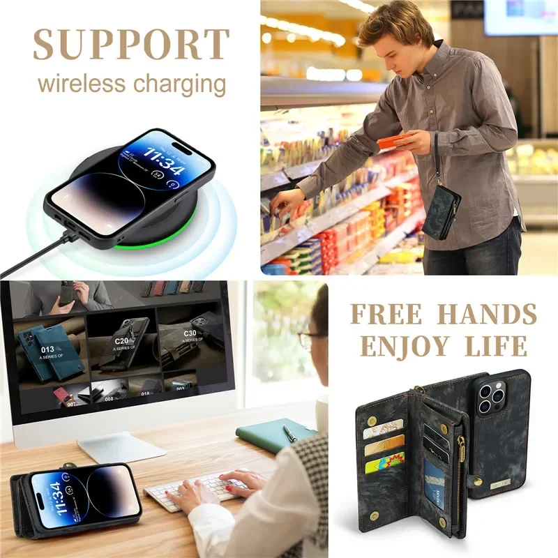 Caseme Lanyard Leather Wallet Case with Magnetic Zipper and Card Holder