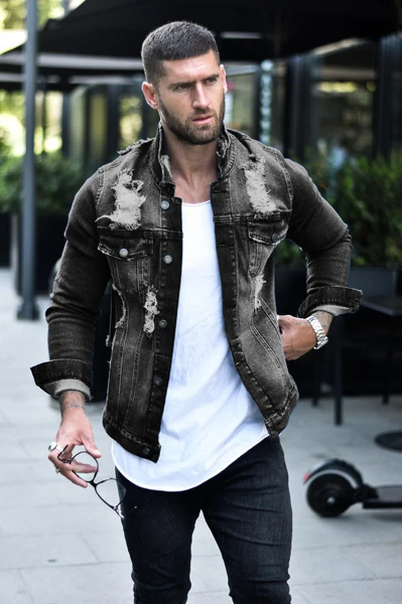 Jeans Jakcet Coat Men Blue Black Denim 