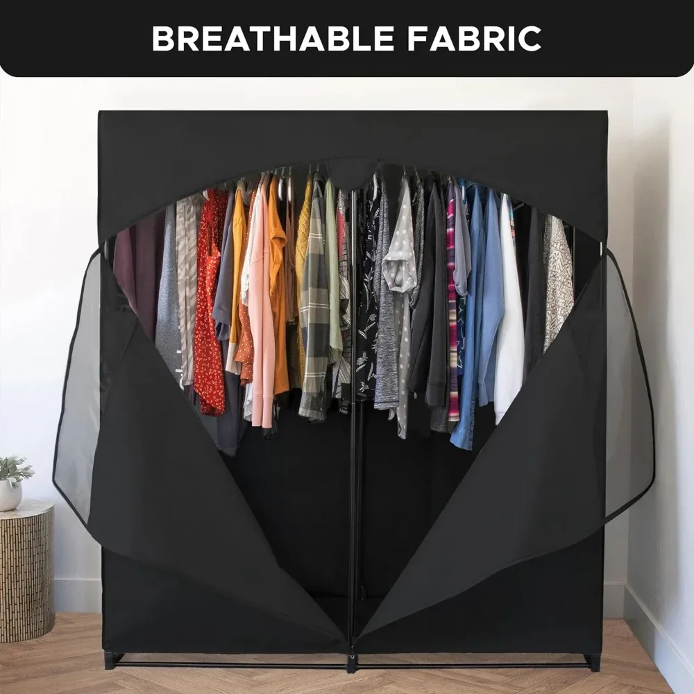 Portable Wardrobe Closet,Large Premium Heavy Duty Metal Hanging Rod with Black Cover- 50 Lb. Weight Capacity-Super Clothing Rack