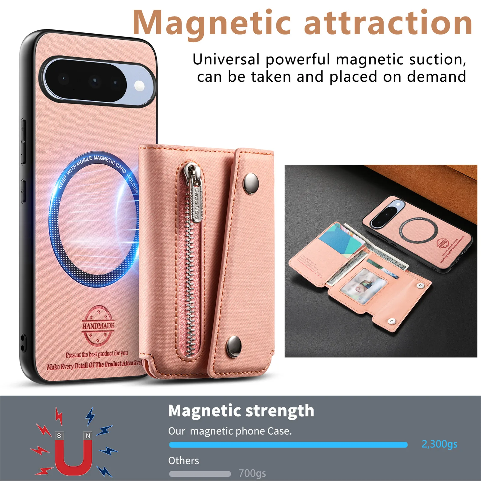 Versatile Magnetic Wallet Phone Case with Card Holder & Zipper Pocket