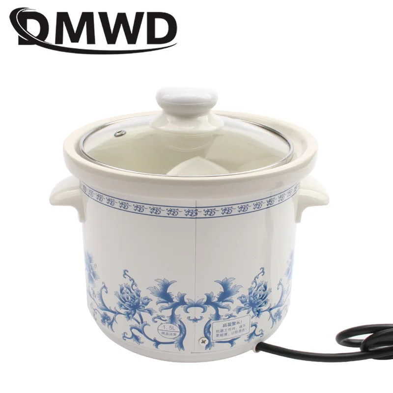 DMWD 1.5L Household Electric Mini Slow Cooker Mechanical/Smart Timer Stewing Soup Porridge Pot Ceramic Linner Food Cooking Maker 4
