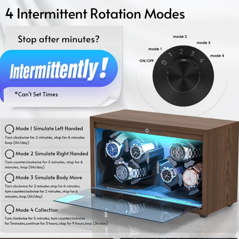 Automatic 6-Slot Watch Winder Box with Blue LED Light, Black Walnut Finish, Soft Memory... - SKU LAWW1124 - UGI Packaging
