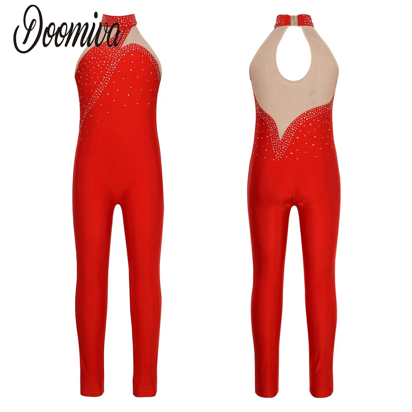 

Girls Rhinestone Figure Skating Unitard Mesh Patchwork Sleeveless Jumpsuit Gymnastics Dance Performance Full Bodysuit Clothes