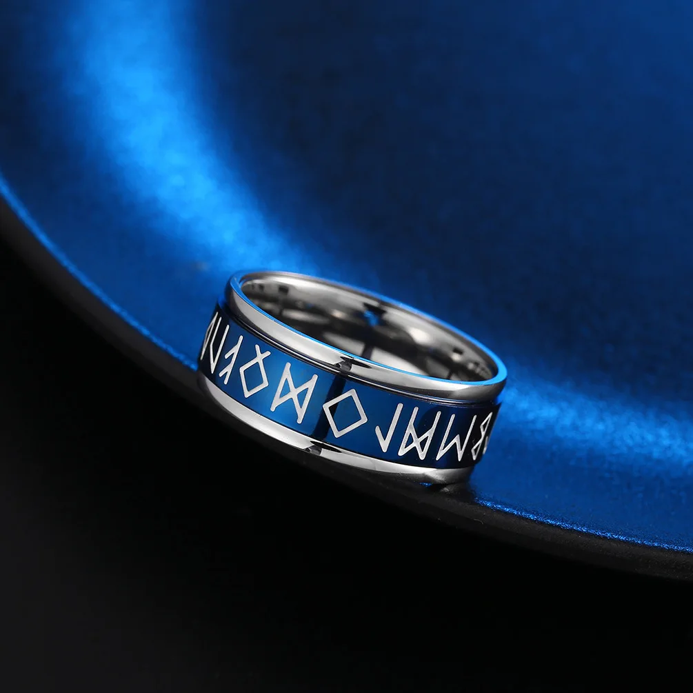 8mm Men's Titanium Stainless Steel Spinner Ring Norse Symbol Luminous Glow Nordic Viking Rune Band 6