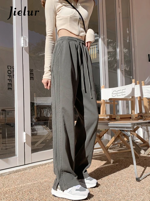 Jielur Split Black Dark Gray Sweatpants Wide Leg Pants Female High