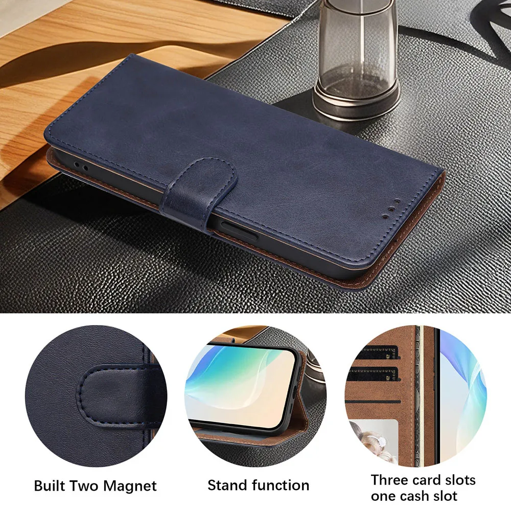 Leather Wallet Case with Magnetic Flip, Card Slots & Kickstand