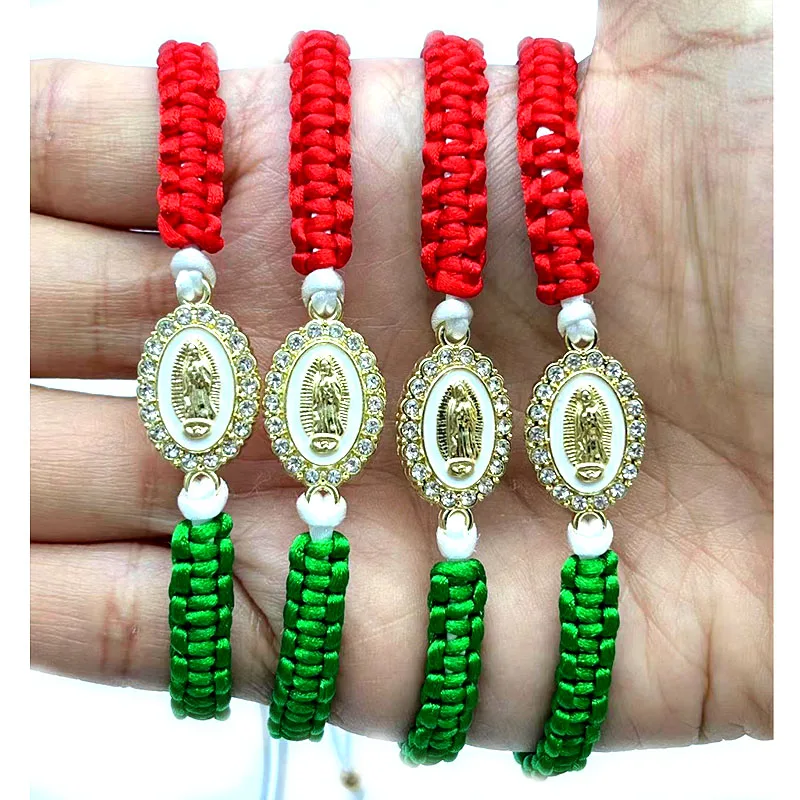 12 Pieces Mexican series Guadalupe Virgin Red White And green Braided Bracelet  Adjustable  Women's Bracelet Religious Available