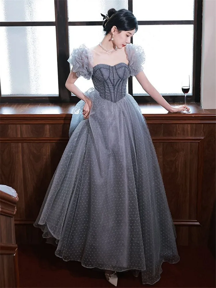 

Gray-blue Dress Women's Clothing Strapless Petal Sleeve Sequined Long A-line Skirt Elegant Evening Gown M261