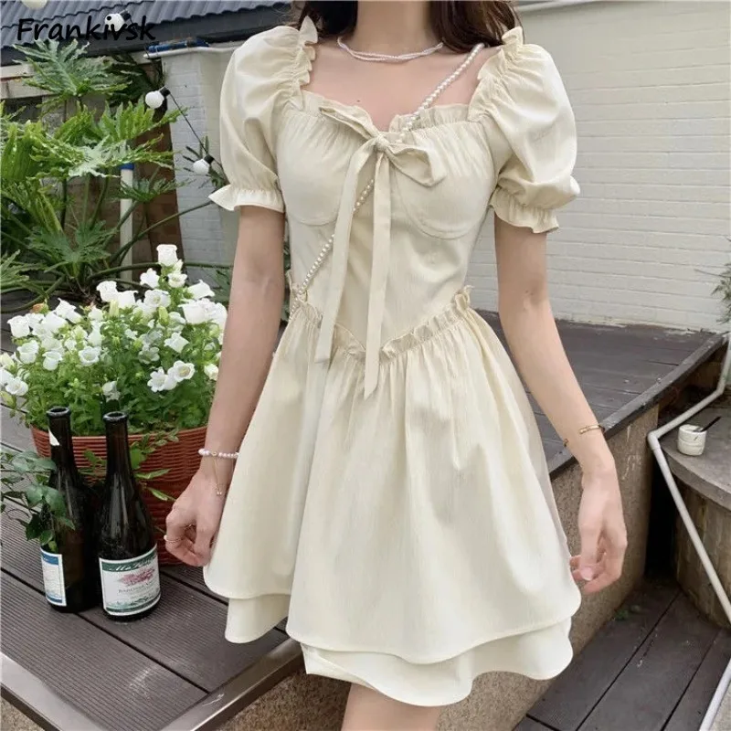 

A-line Puff Sleeve Dresses for Women Korean Style Fungus Slim Sweet Girls Tender Preppy Young Slouchy Casual Streetwear Summer