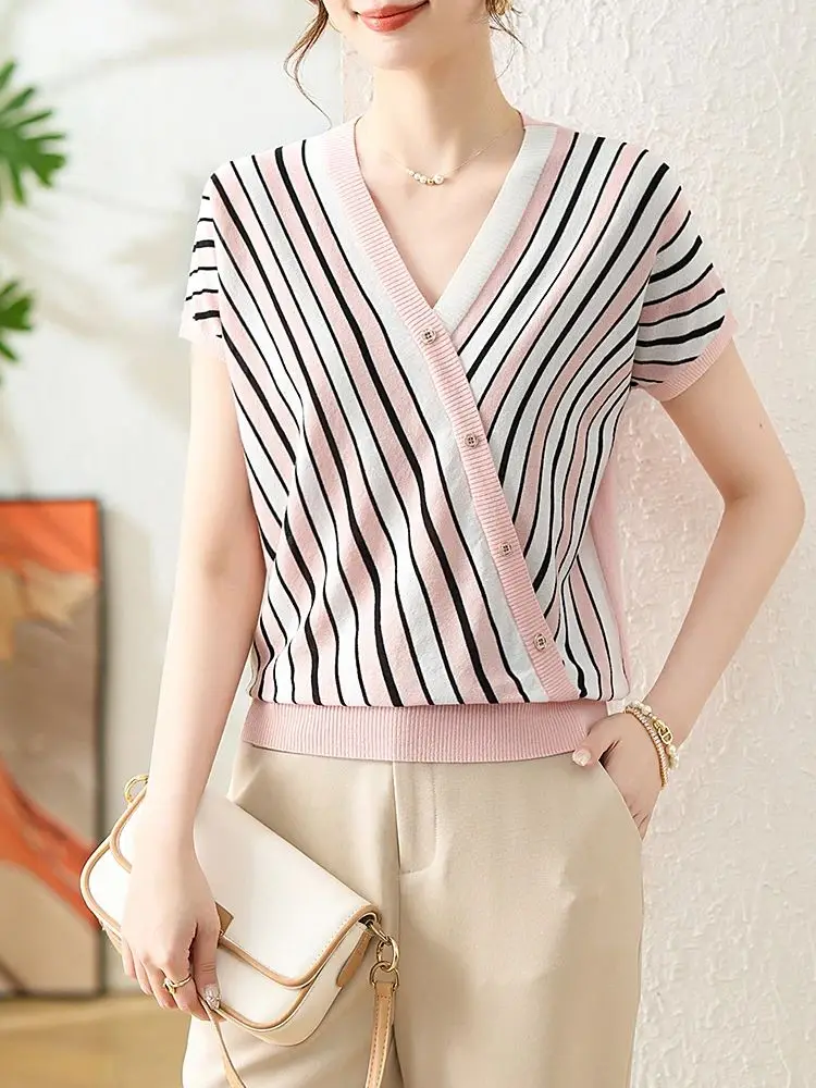 

Летняя трикотажная футболка с геометрическим рисунком, женский свитер, пуловеры, одежда для женщин, футболки, топ, повседневная женская футболка с коротким рукавом