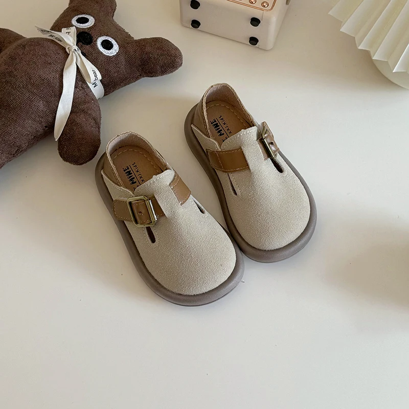 Kids Leather Shoes Boys Casual Girls Loafers Fashion Buckle Round-toe Britain Style Breatheable