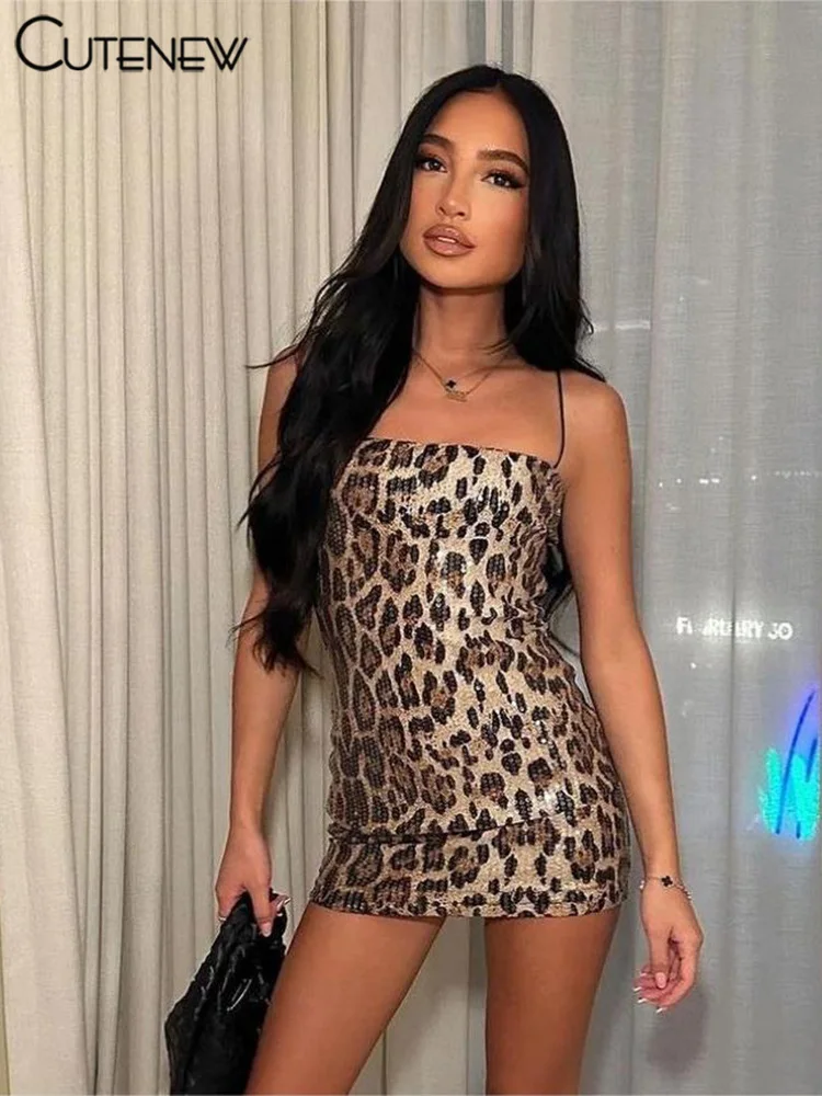 Cutenew Mini abito con paillettes stampato leopardato Donna
