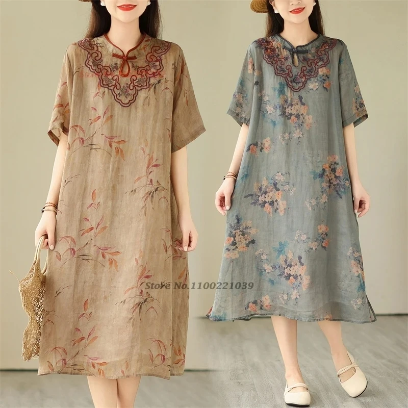 

2024 chinese vintage dress improved qipao national flower embroidery cheongsam dress oriental ethnic folk a-line dress qipao