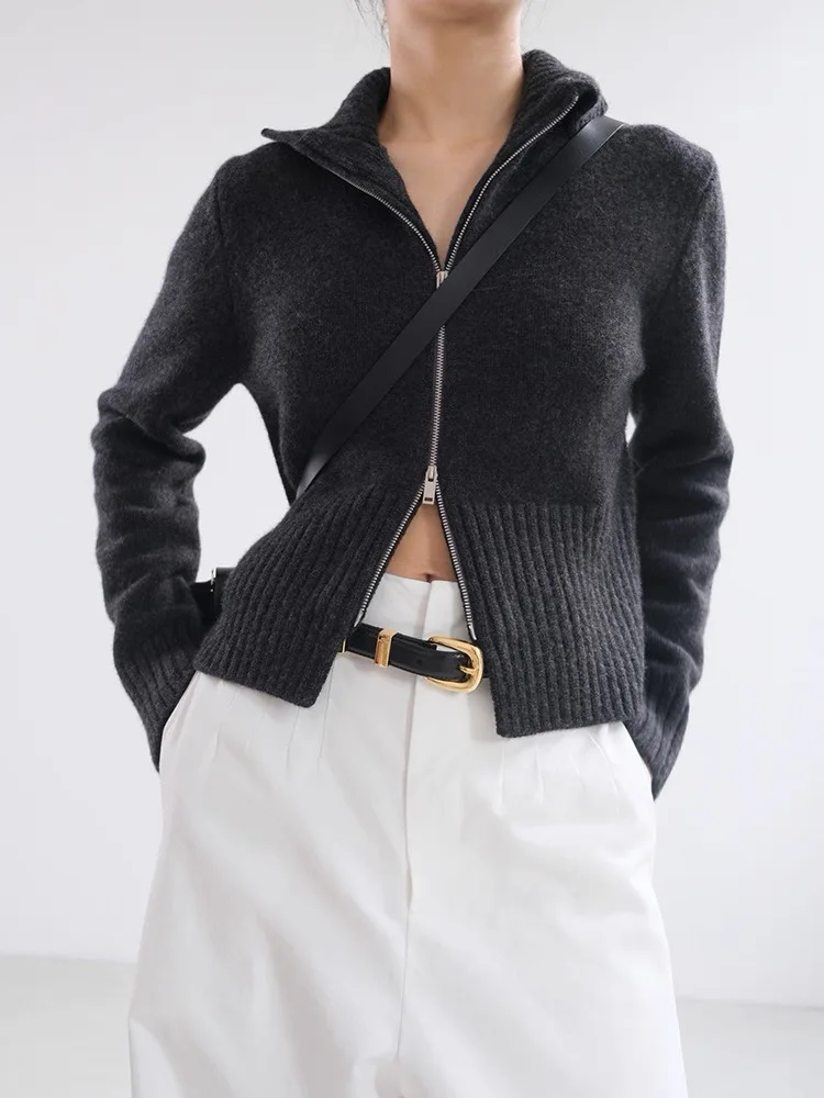 Cardigan minimaliste en cachemire tricoté à col haut avec double fermeture éclair pour femme, manches longues, bas, nouveau manteau d'automne et d'hiver