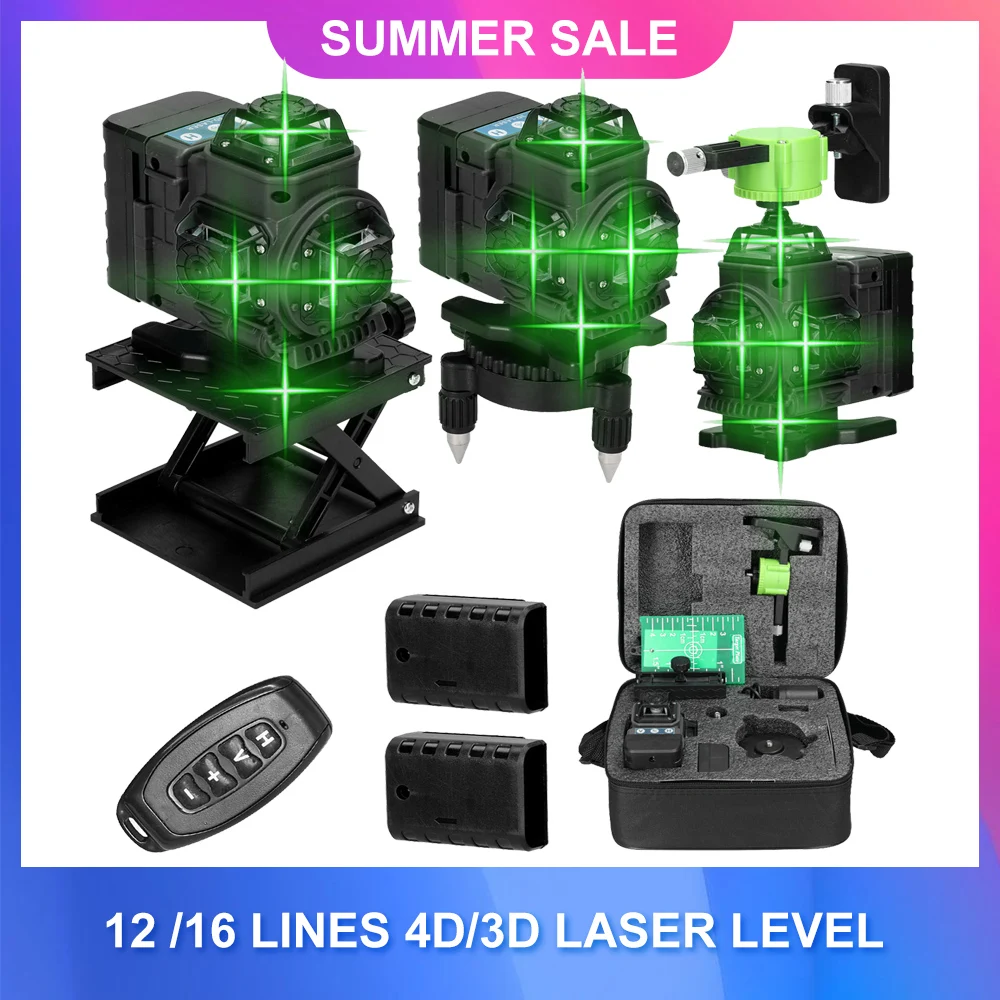 12 /16 Lines 4D/3D Laser Level 3&deg; Cross Line Laser Level Green Beam Lines Multifunction & Remote Control With Li-ion battery laser level