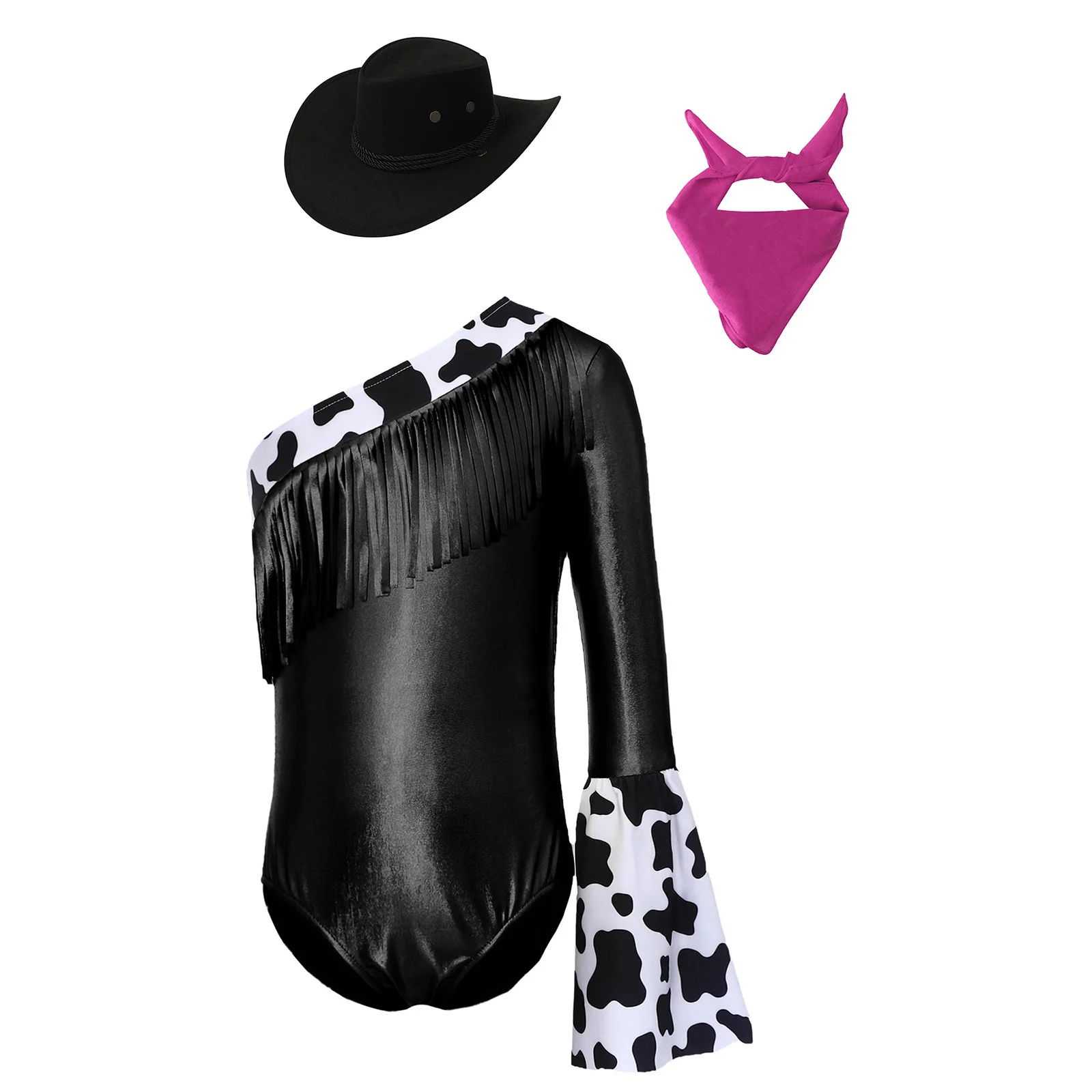 Girls Western Cowgirl Cosplay Costume Fringed Metallic Ballet Dance Bodysuit with Big Brim Drawstring Hat And Bandanna Set