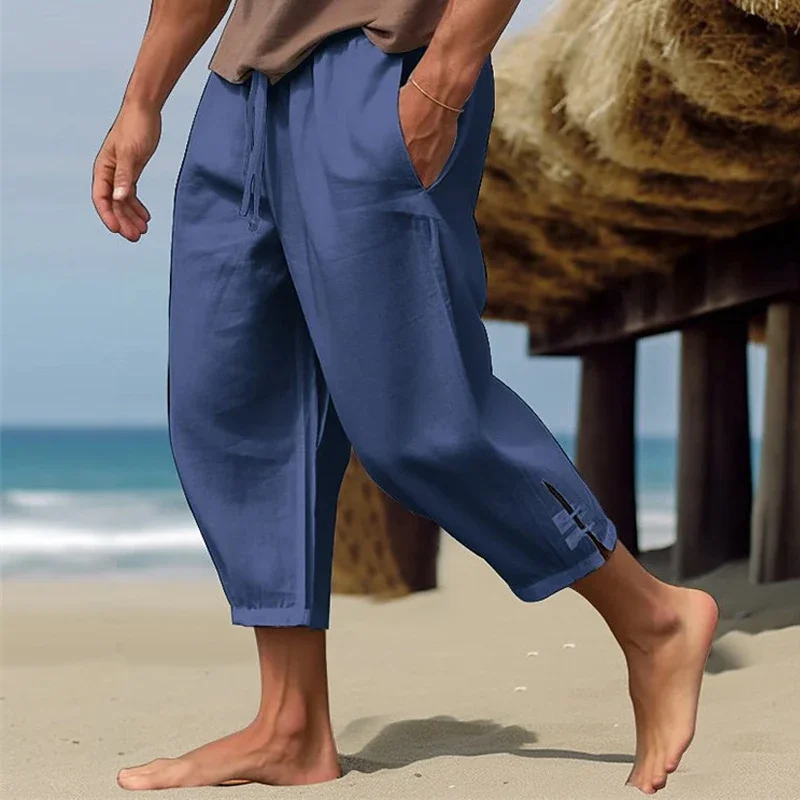 Seaside Beach Daily Leisure Mens Linen Pant Spring Summer Fashion Side Slit Design Thin Pant Men Casual Loose Three Quarter Pant 3
